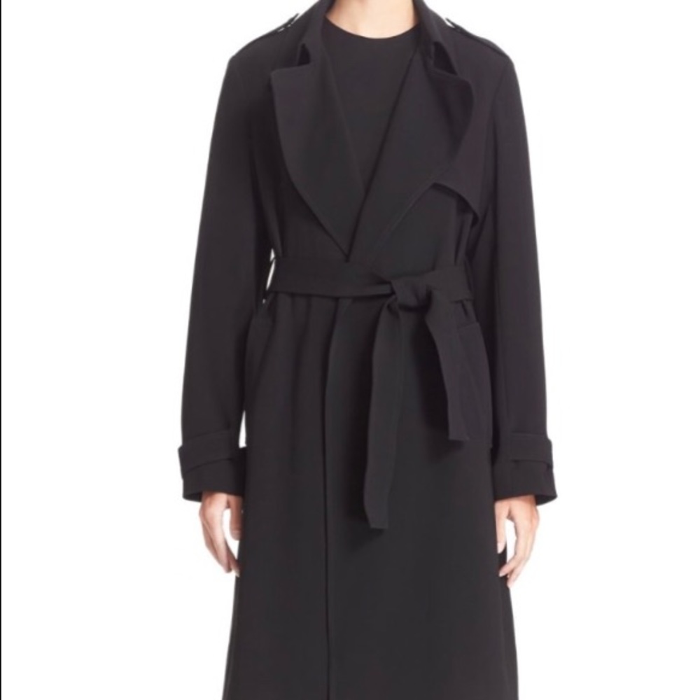 THEORY Black Belted Crepe Staple Overcoat, Medium